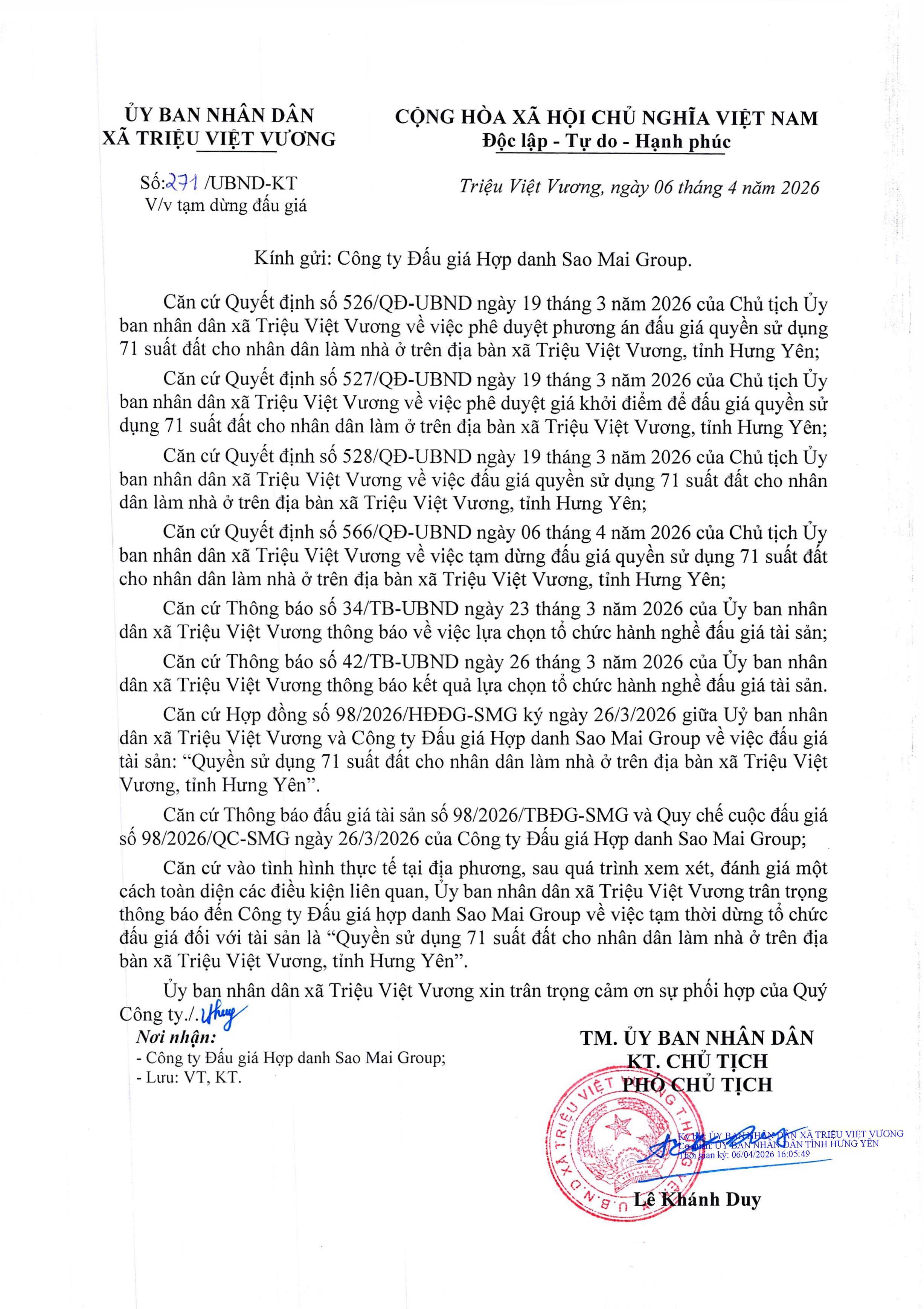 Về việc tạm dừng đấu giá