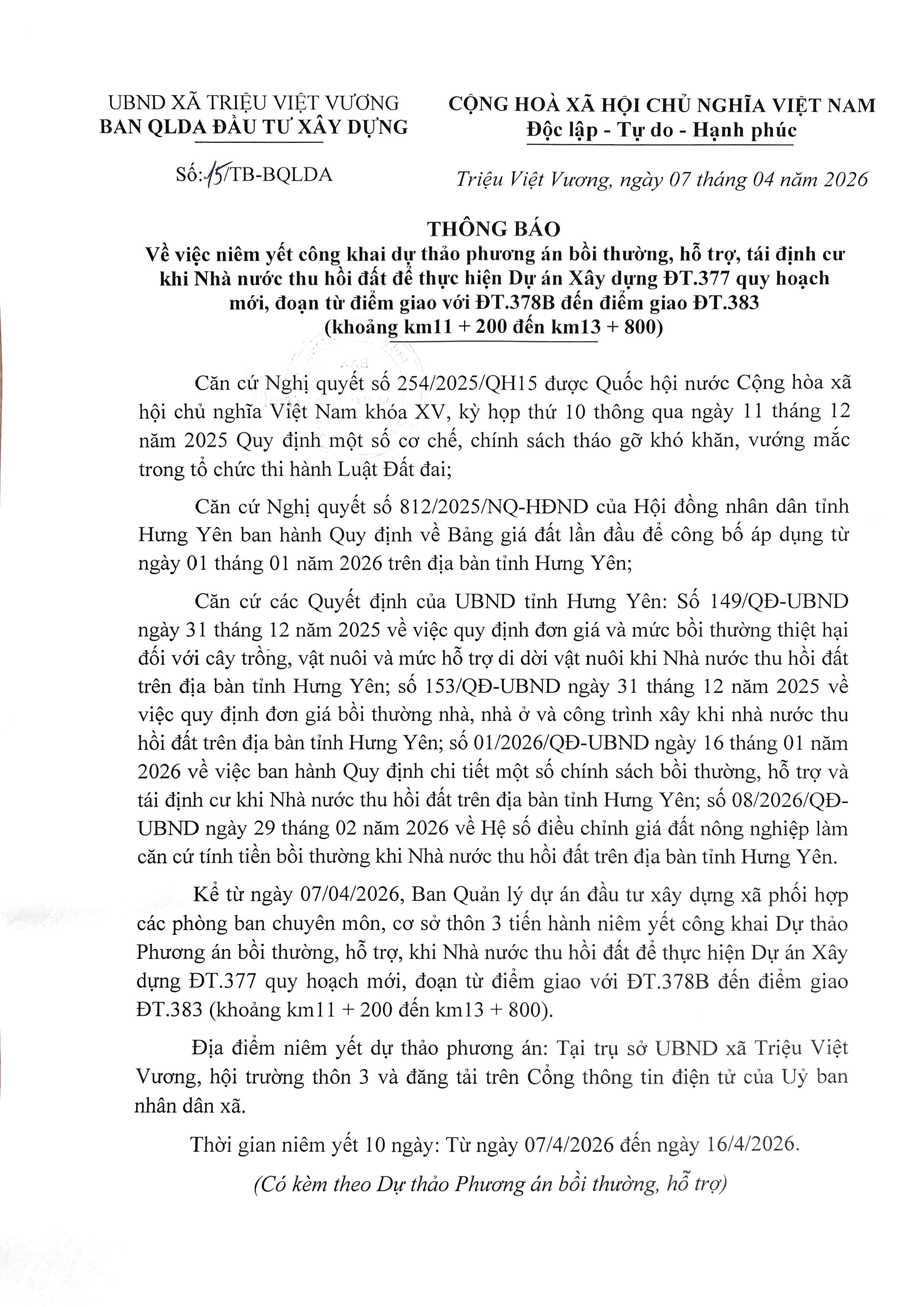 Về việc niêm yết công khai dự thảo phương án bồi thường, hỗ trợ, tái định cư khi Nhà nước thu hồi đất để thực hiện Dự án Xây dựng ĐT.377 quy hoạch mới, đoạn từ điểm giao với ĐT.378B đến điểm giao ĐT.383 (khoảng km11 + 200 đến km13 +800)