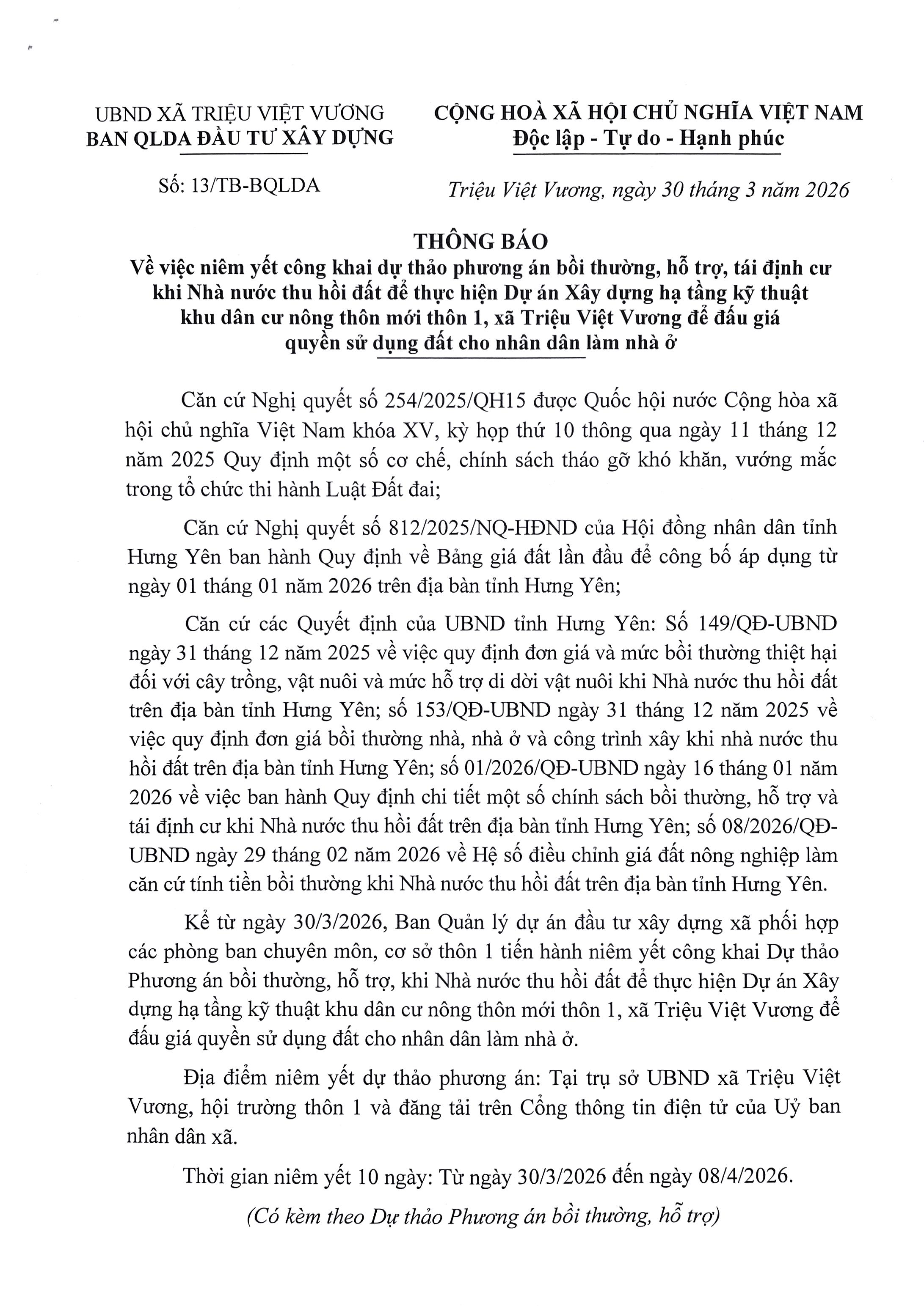 Thông báo niêm yết công khai dự thảo phương án bồi thường, hỗ trợ, tái định cư khi Nhà nước thu hồi đất (thôn 1, xã Triệu Việt Vương)